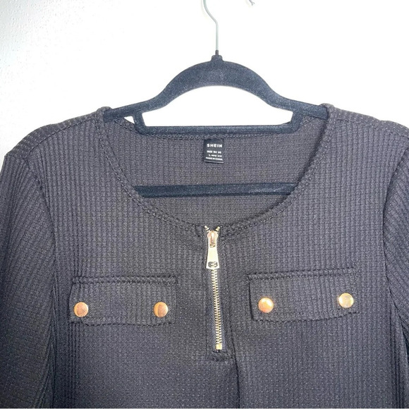 Shein Lune Black Gold Hardware Half Zip Flap Pocket Waffle Knit Top Large Women - Picture 2 of 9